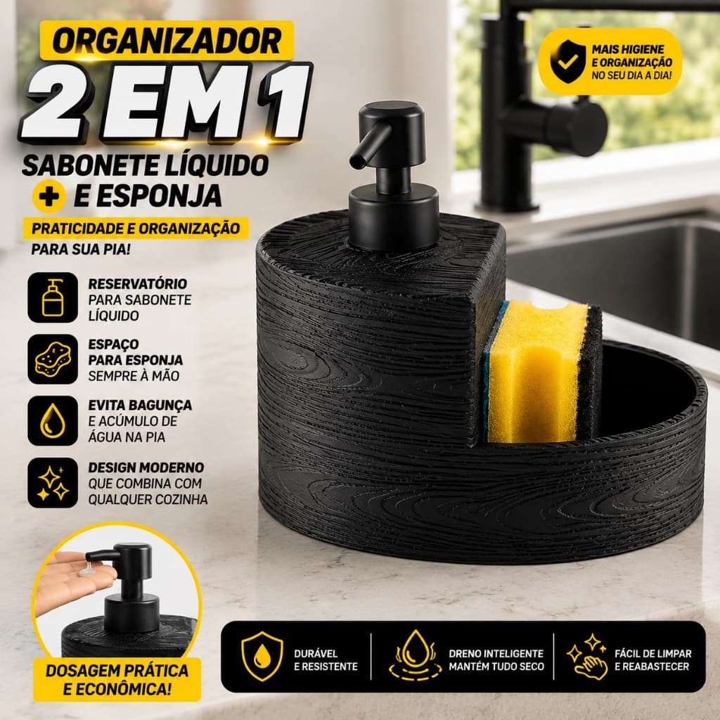 Organizador De Pia Porta Esponja Dispenser Sabonete Líquido Suporte Detergente Cozinha Banheiro 2 Em 1 Decorativo Modern