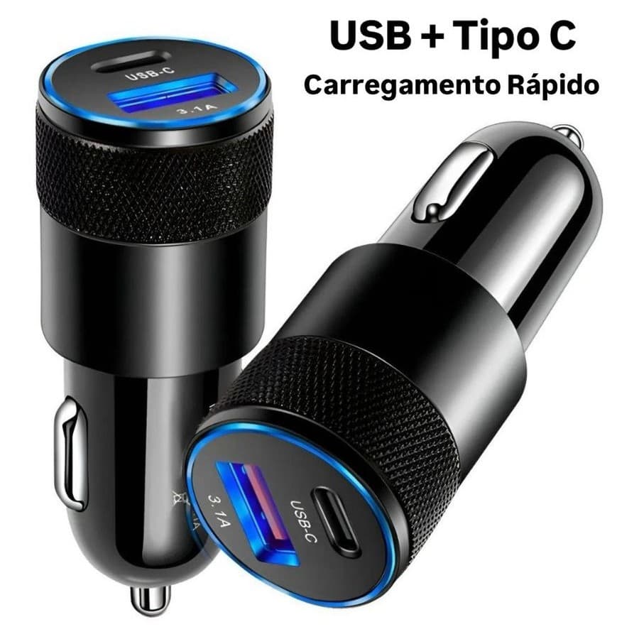Carregador Veicular USB + USB-C Turbo Rápido Para Carro iPhone Android 3.1A