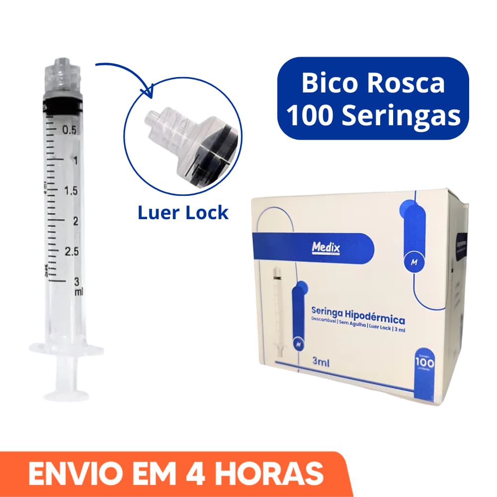 Seringa 3ml Bico Rosca Luer Lock Descartável 100un Medix