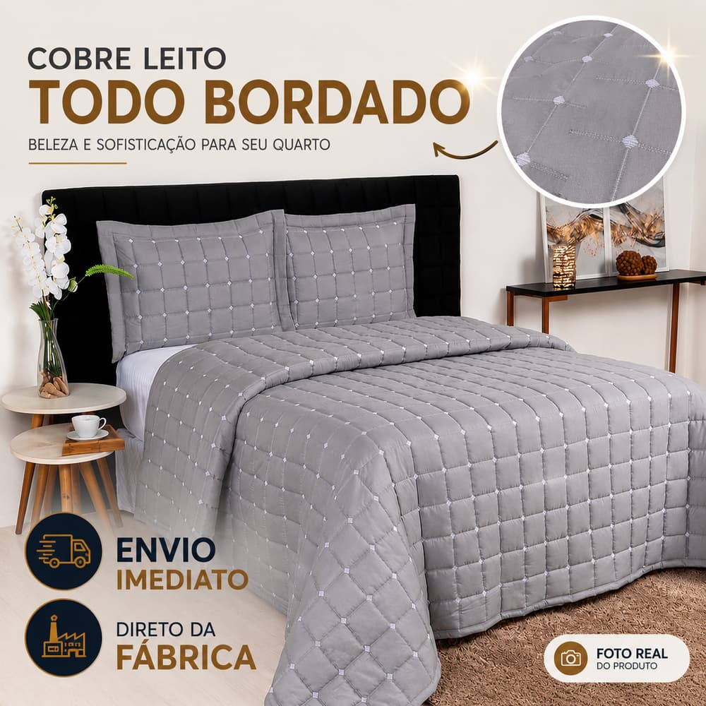 Cobre leito Florença Queem Bordado Colcha Sulamita Enxovais 3 peças 250 fios