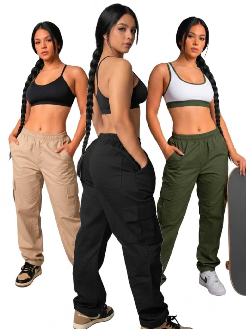 Calça Cargo Masculina Preta Caqui E Verde Sarja Larga Streetwear