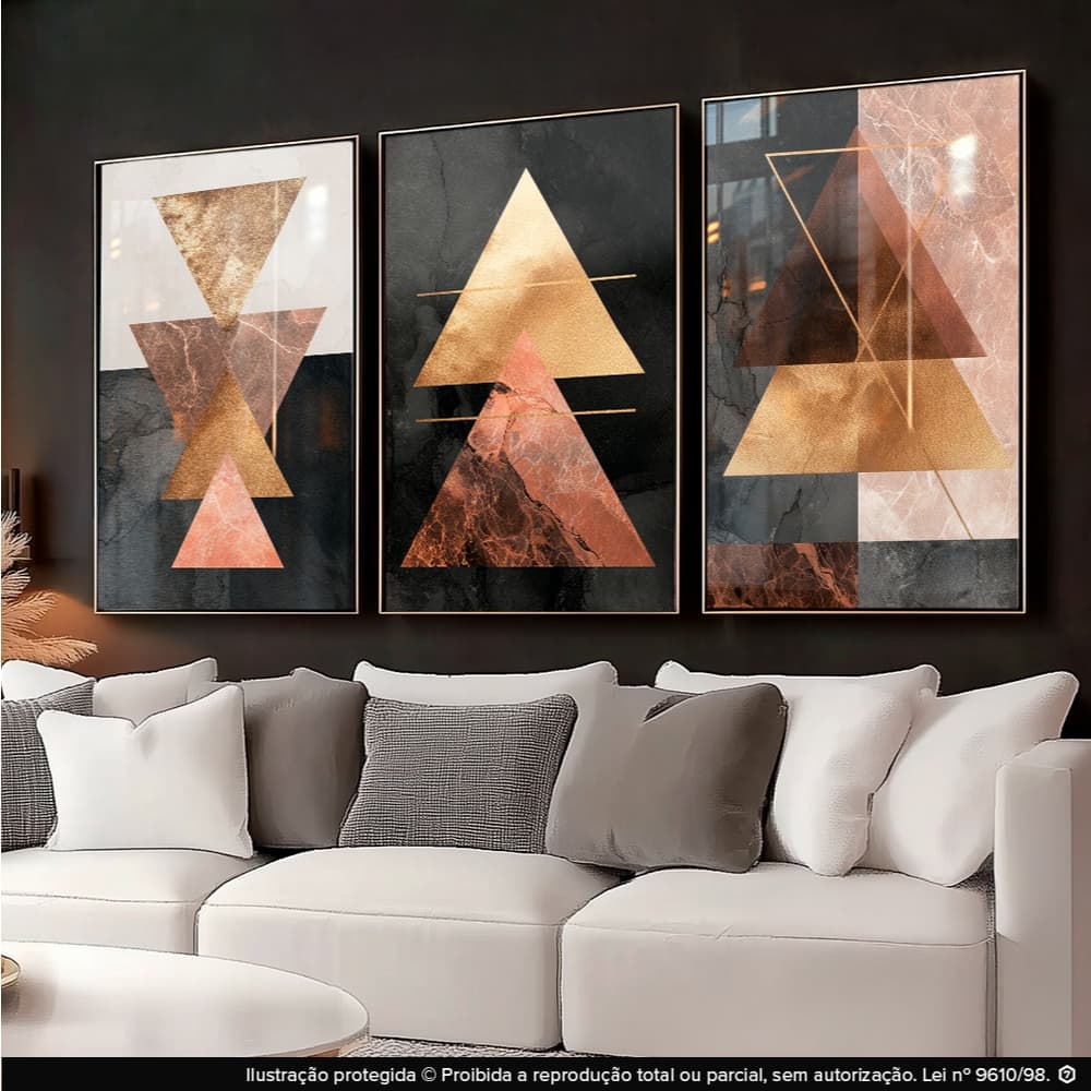 Quadros Decorativos Trio Abstrato Geométrico Triângulo Luxo Moderno Sala Quarto Hall