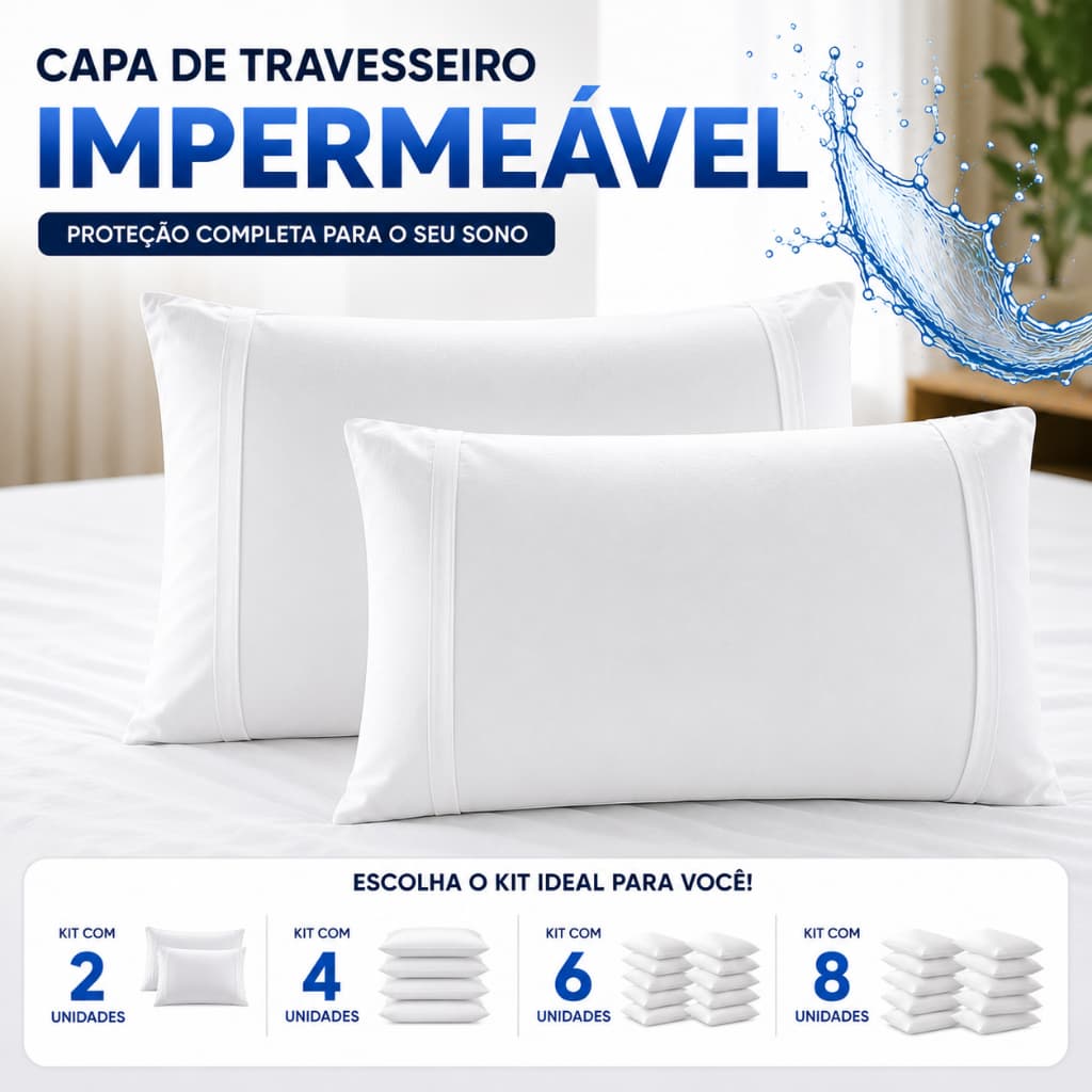 Kit Protetor Capa de Travesseiro Impermeável com Zíper Forro Antialérgico Lavável 70X50 2|4|6|8 un