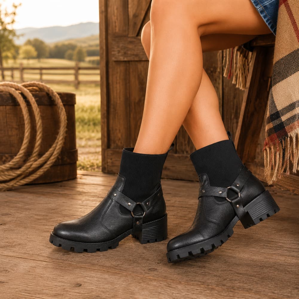 Bota Feminina Tratorada Couro Legítimo Coturno Cano Curto Com Fivela que Sai Festa Casual Calce Fácil