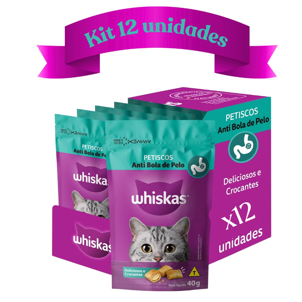 PETISCO WHISKAS TEMPTATIONS ANTI BOLA DE PELO GATOS 40G KIT 12 UN