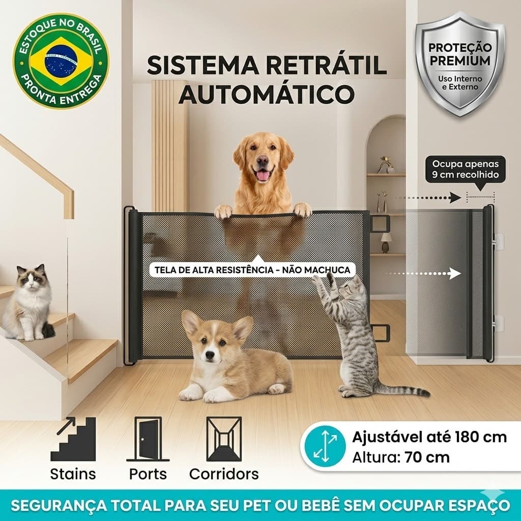 Tela De Proteção Pets Bebes Cercadinho Grade Retratil 110cm 150cm 180cm Portas Escadas Infantil Automático Ajustavel