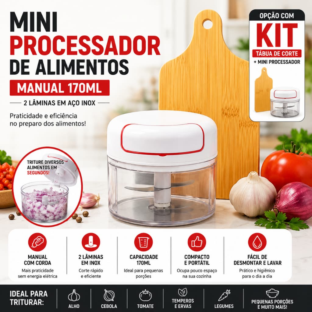 Mini Processador de Alimentos Manual 2 Lâminas Triturador 170ml Vemax