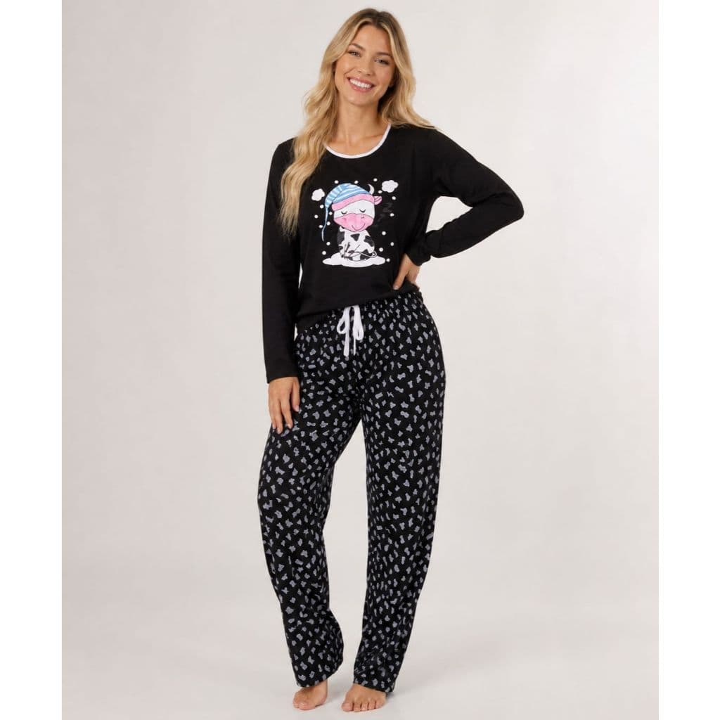 Pijama Feminino Longo Vaquinha Sleep – Conjunto de Malha Confortável Manga Longa Estampado