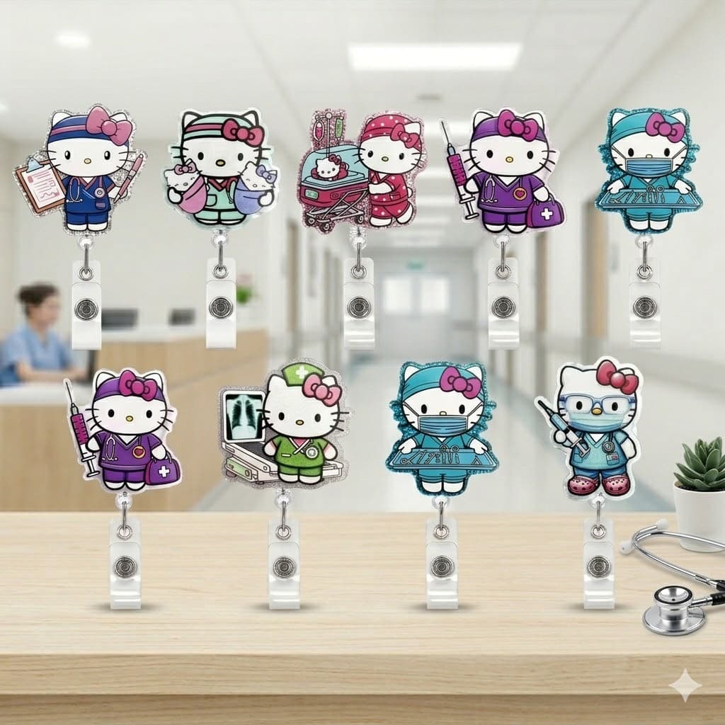 Porta Crachá Retrátil Roller Clip Acrílico Grande Médico Enfermagem Hello Kitty Profissões