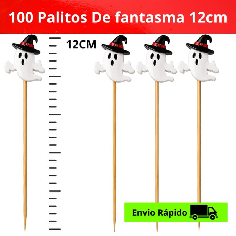 KIT 100 Palitos de Bambu com tema de Fantasma 12 CM Halloween