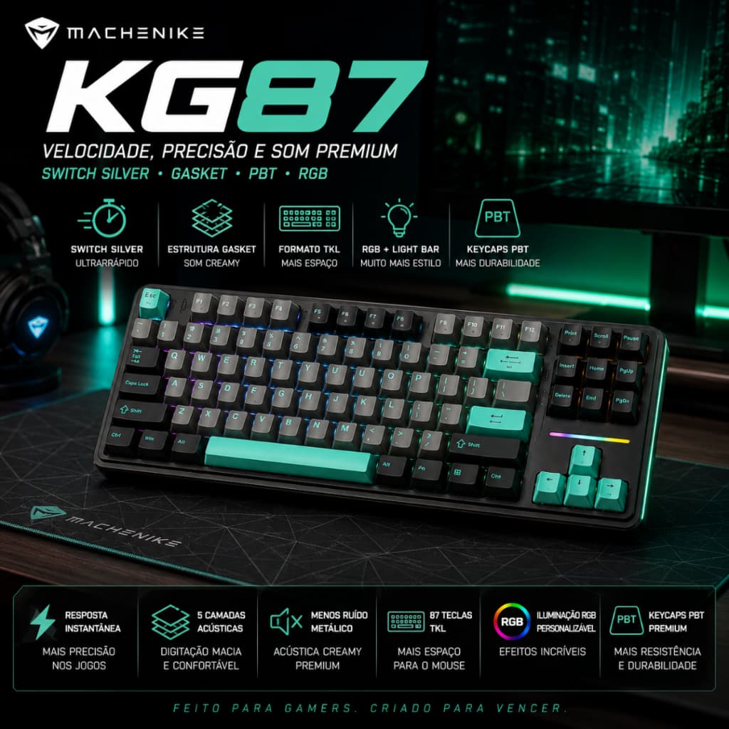 Teclado Mecânico Gamer Machenike KG87 RGB TKL Switch Silver Gasket PBT Creamy Preto Verde