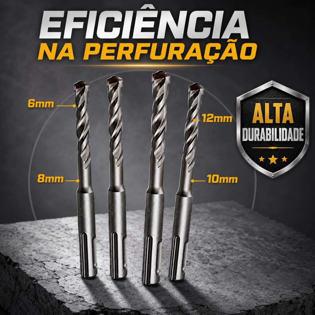 Kit Broca Videa 4 Peças 6mm 8mm 10mm 12mm Encaixe Sds Plus para Concreto e Martelete Obras Alvenaria