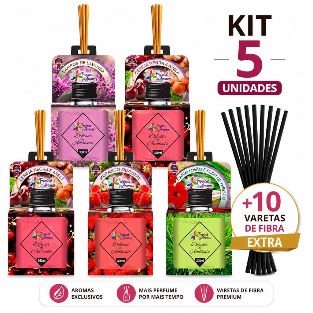 Kit 5 Difusor de Varetas Premium 300ml Tropical Aromas + 10 Varetas de Fibra