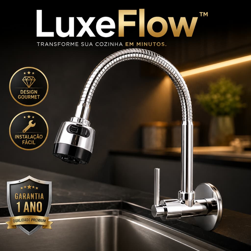 Torneira Gourmet Flexível Inox 360° de Parede com Ducha para Cozinha LuxeFlow