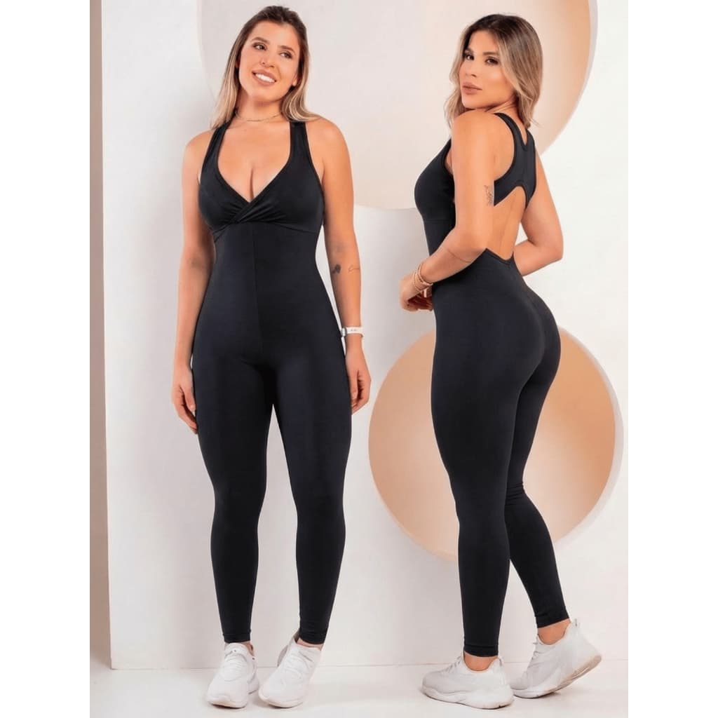 Macacão Feminino Longo Moda Fitness Academia  Bojo Decote Zero Transparência  Compressão Modelador