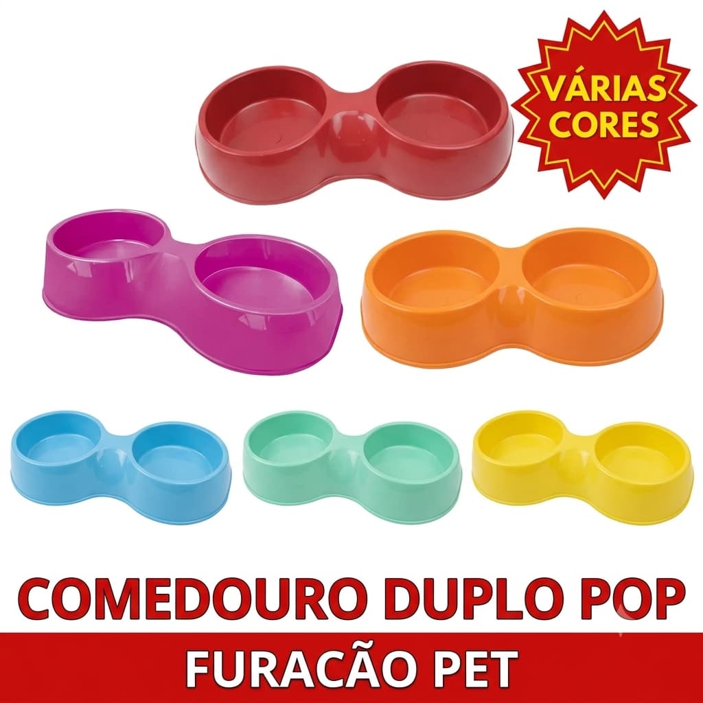 Comedouro Duplo Pet Pop Vermelho 190ml Furacão Pet Cães E Gatos Vasilha Anti-Formiga Pote De Ração E Água