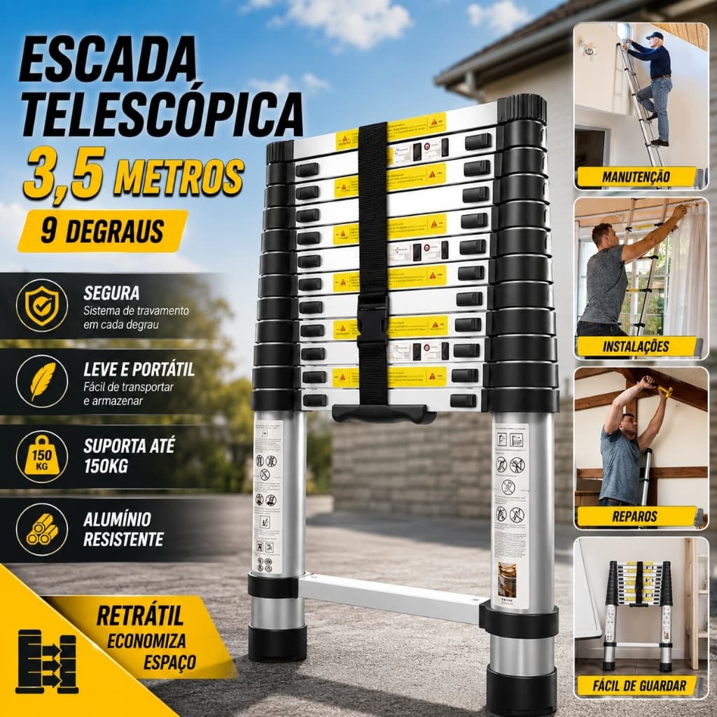 3.5M Escada Telescopica De Aluminio Multifuncional 9 Degraus