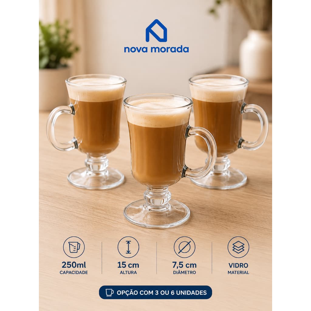 Kit Caneca De Vidro 250ml Para Cappuccino Café Chá Com Pé 3 Ou 6 Unidades Canecas Transparente