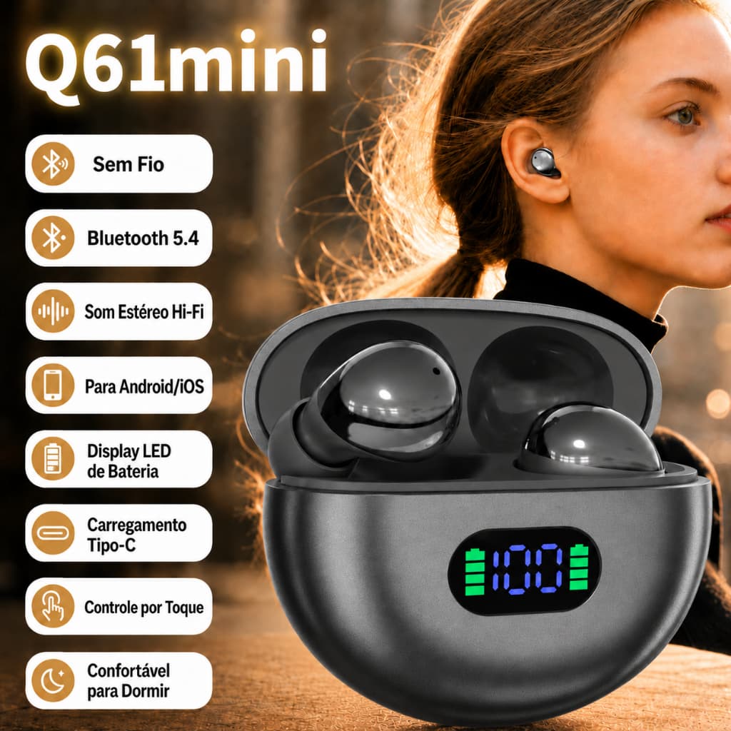Fones de ouvido Q61 mini Bluetooth TWS esportivos com clipe LED Display Touch 5.1 Hi res