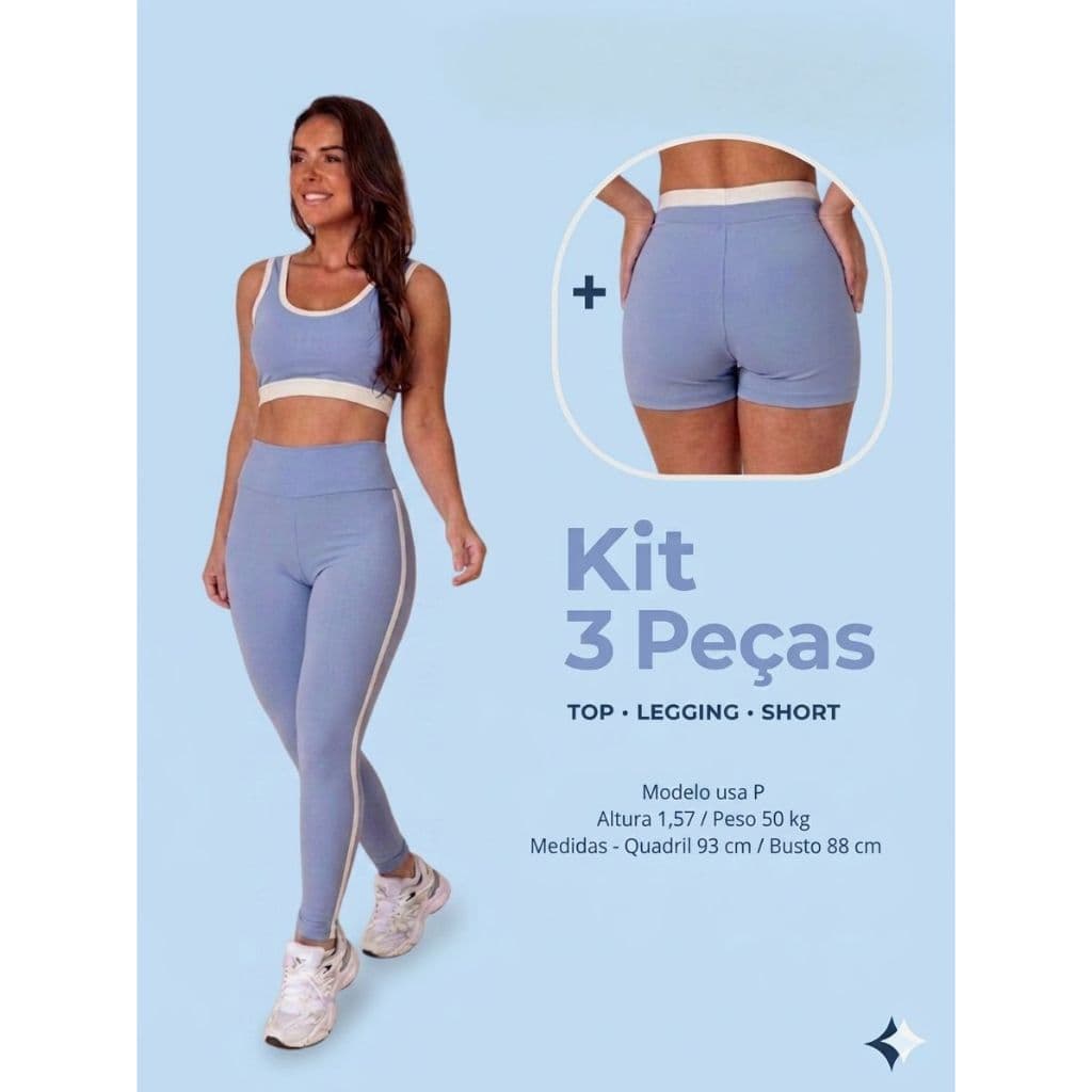 KIT 3 PEÇAS TOP, SHORTS E LEG CÉU cor contrastante