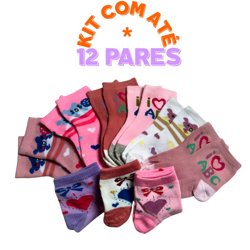 KIT COM ATÉ 12 PARES DE MEIA INFANTIL MENINA
