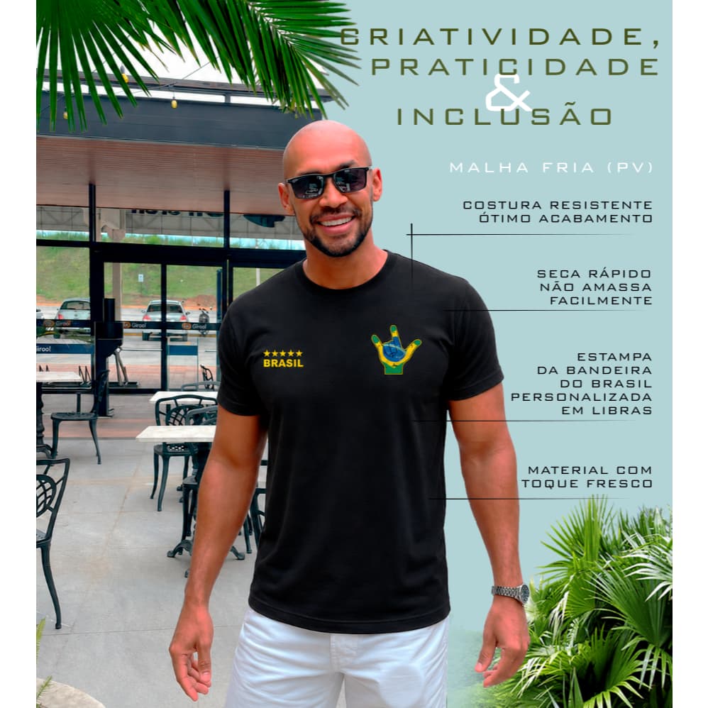 CAMISETA PRETA BRASIL BLUSA ADULTO TORCIDA BRASILEIRA LIBRAS PERSONALIZADA EXCLUSIVA ÚNICA BÁSICA CONFORTÁVEL FRESCA DTF