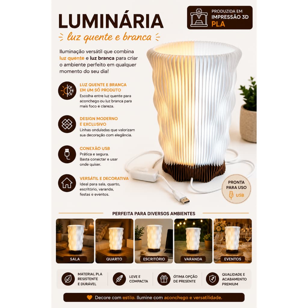 ✨ Luminária Decorativa LED Impressa em 3D PLA ✨
