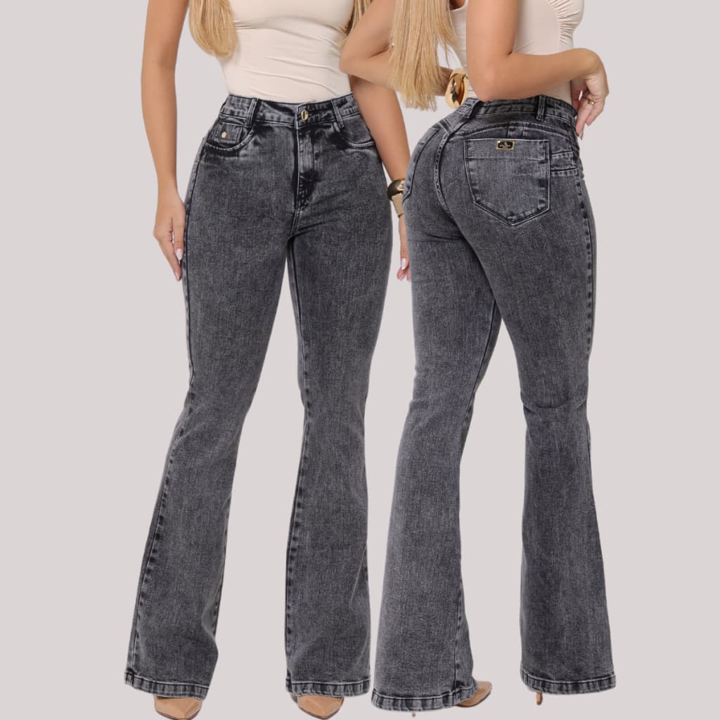 Calça Feminina Flare Jeans Cos Alto Lycra Casual Boca De Sino Black Marmorizada