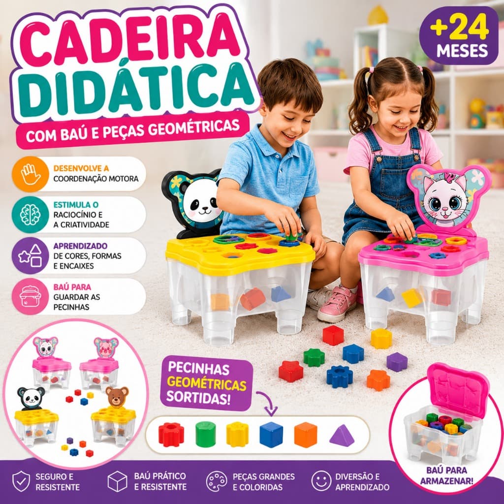 Cadeira Didática Infantil Educativa – Brinquedo de Encaixe com Formas e Atividades Interativas