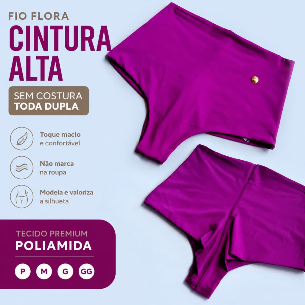 Calcinha Fio Flora Cintura Alta Dupla Poliamida Compressão Sem Elástico