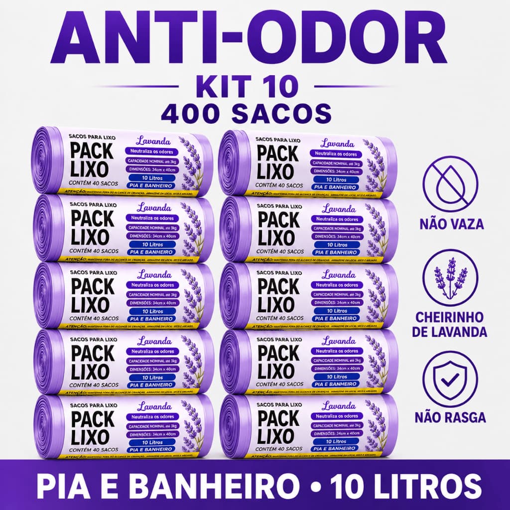 Kit 10 Saco Lixo 10L Lavanda 34x38 Reforcado 400 Sacos Banheiro Pia Anti Odor Perfumado Uso Diario