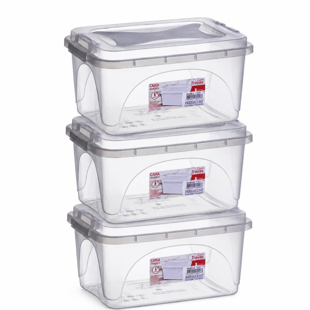 Kit 3 Caixas Multiuso Plástica Transparente Com Tampa Trava Organizadora 3 Litros