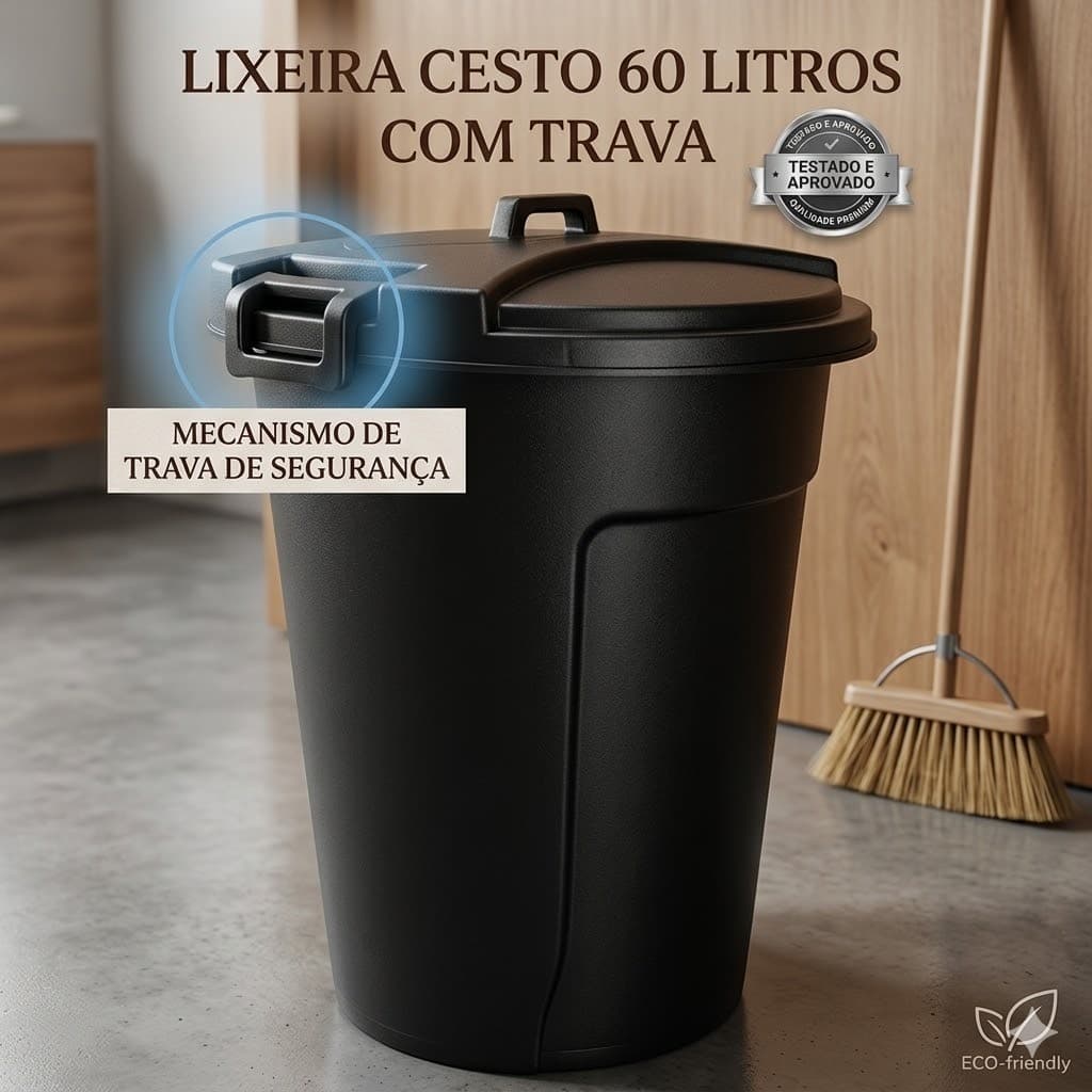 Cesto Lixeira 60 Litros Tampa Com Trava Anti-Odor Cor Black Banheiro Cozinha Casa em Geral