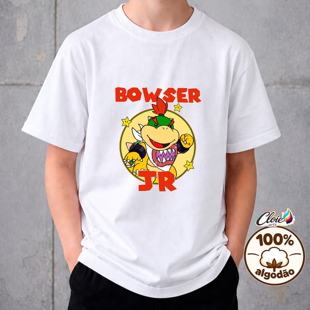 Camiseta Infantil 100% Algodão Bowser Jr Junior Personagem Super Mario Word Aventura Gamer Confortável Estilosa Crianças