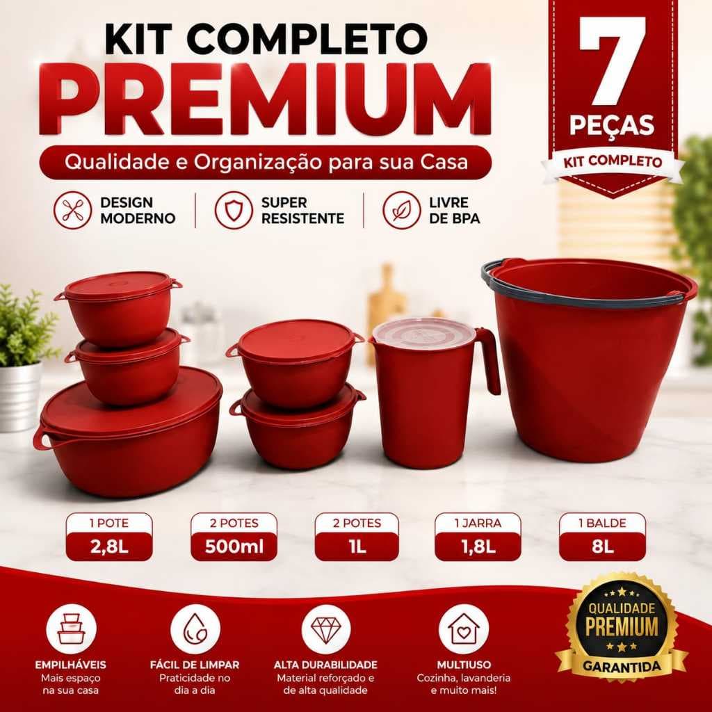 Kit Potes Herméticos Preto 7 Peças Premium Organizador Cozinha + Balde 8L e Jarra 1800ml