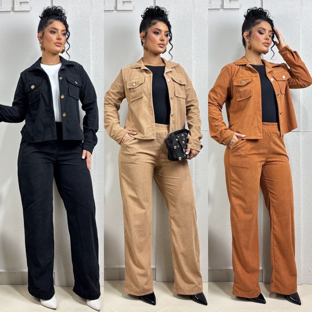 Conjunto Feminino PREMIUM INVERNO Veludo Cotelê Jaqueta Croped Calça Wide Leg Cintura Alta Tendencia