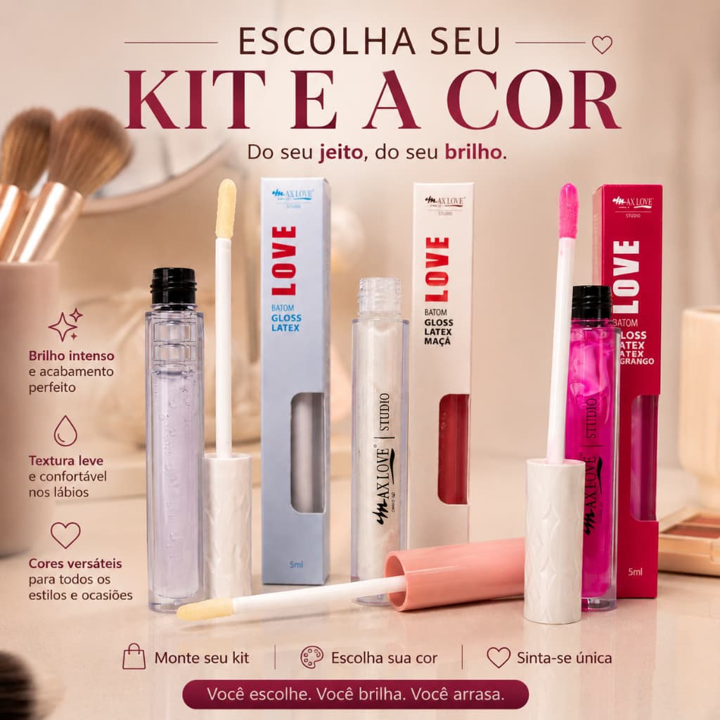 Kit Batom Gloss Latex Max Love Morango Incolor Maçã Escolha Cor Hidratação Translúcido Brilho