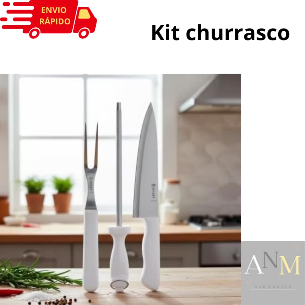 Kit De Churrasco 3 Peças Faca Garfo Chaira 7 Polegadas