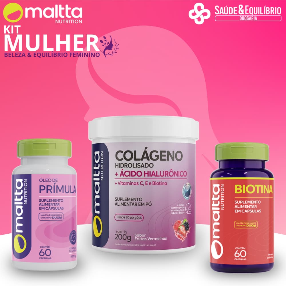 Kit Mulher Biotina + Óleo de Prímula + Colágeno Ácido Hialurônico Pele Cabelo Unhas