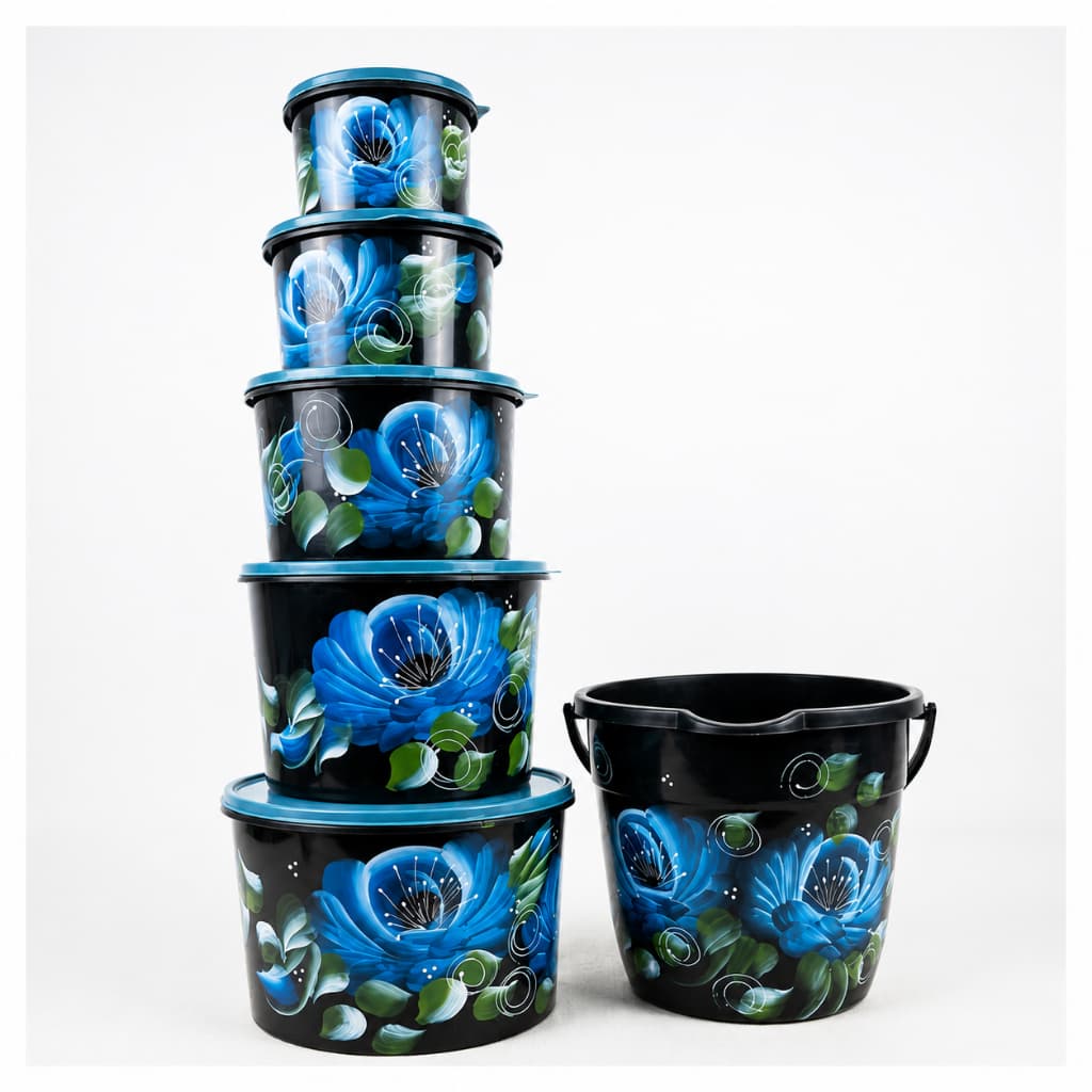 Kit Jogo de Mantimento Floral Azul + Balde 7L Organizador Cozinha Resistente