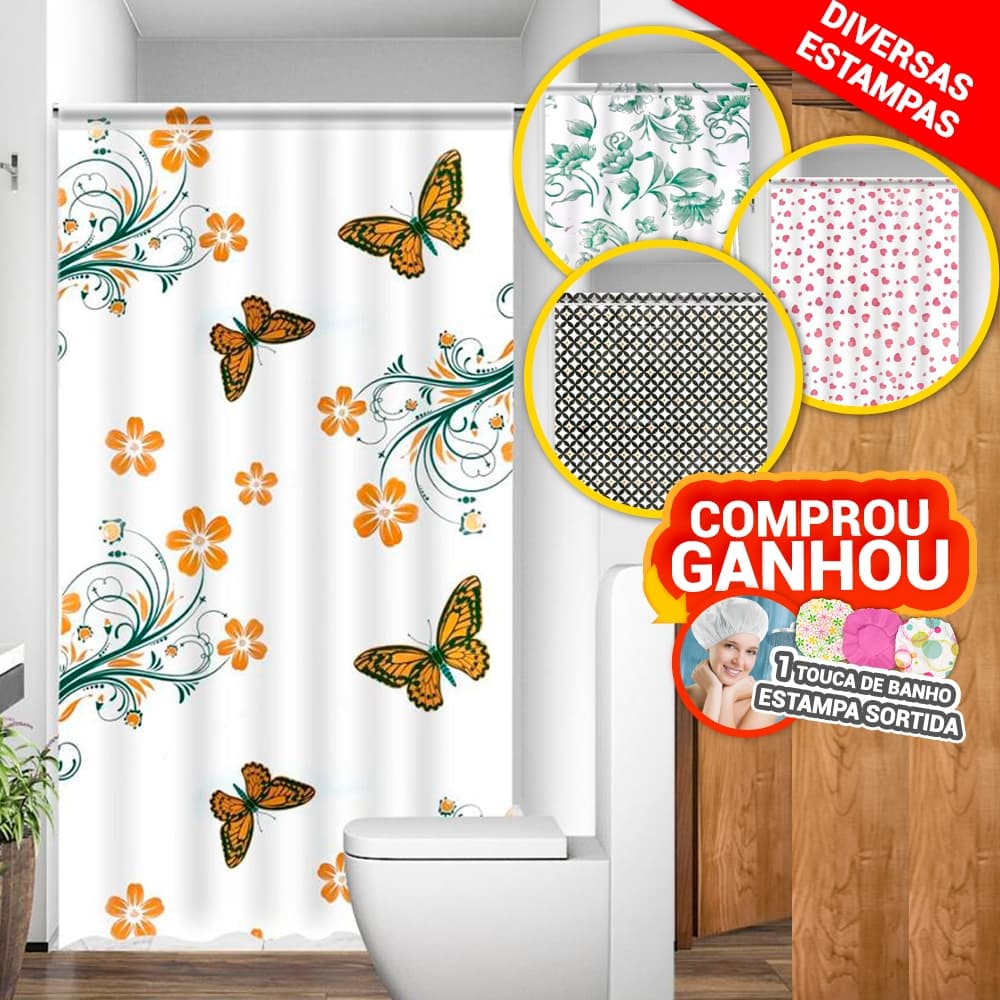 Cortina Para Box Vinil Sortido Ganchos Antimofo 1,38x1,98cm Diversas Estampas - ENVIO SORTIDO