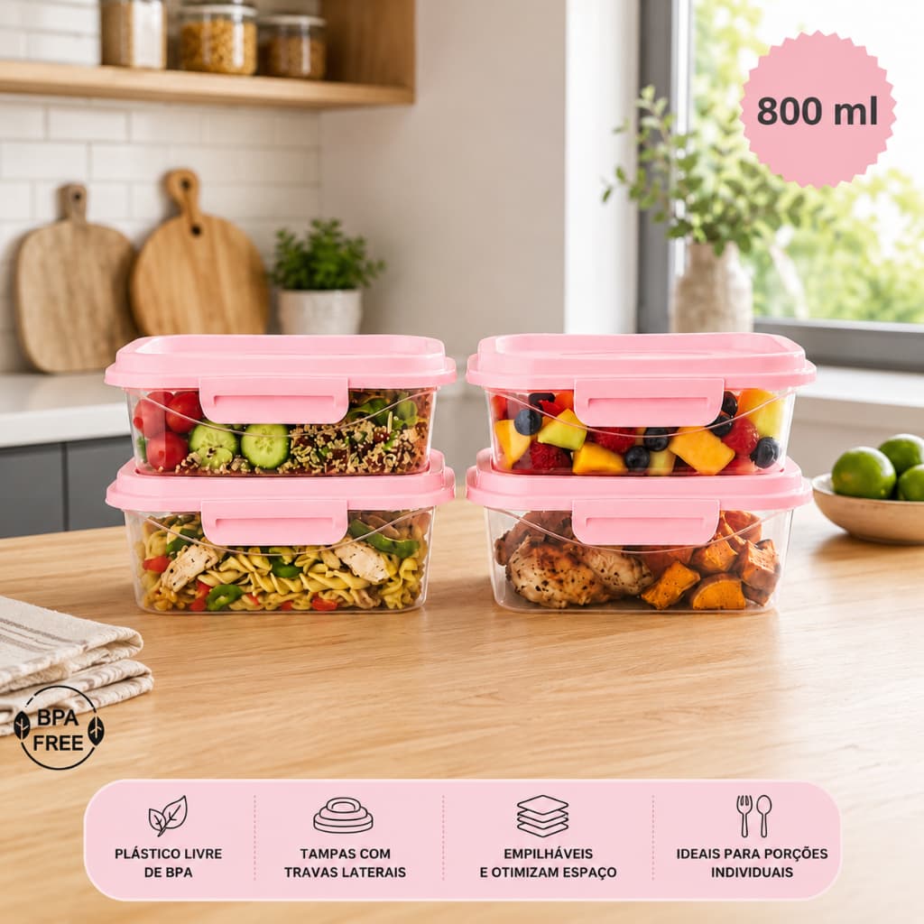 Potes Herméticos 800ml Kit com 4 Unidades Tampa Trava Marmita Fitness Reutilizável