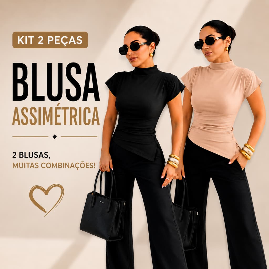 Kit 2 Blusas,Blusinha Feminina Assimétrica Ribana Canelada, Básica, Moda Luxo, Chic e Confortável