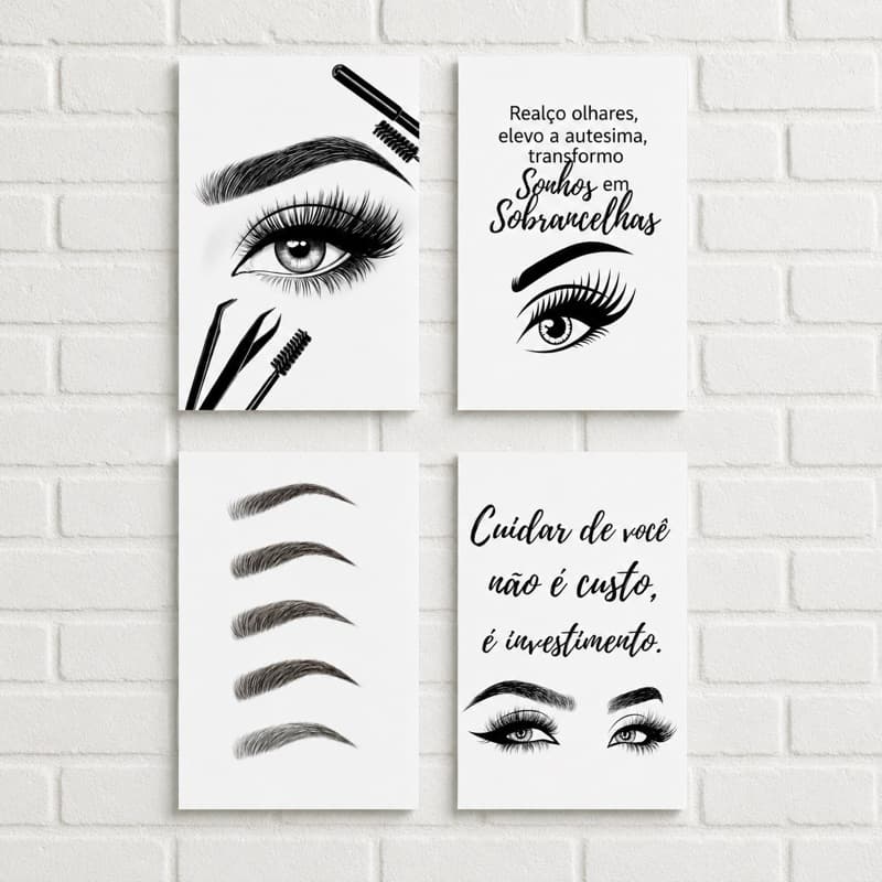 Kit 4 Quadros Decorativos Sobrancelhas 10x15 Decoração Studio Beleza Design De Sobrancelha Salão Estética MDF