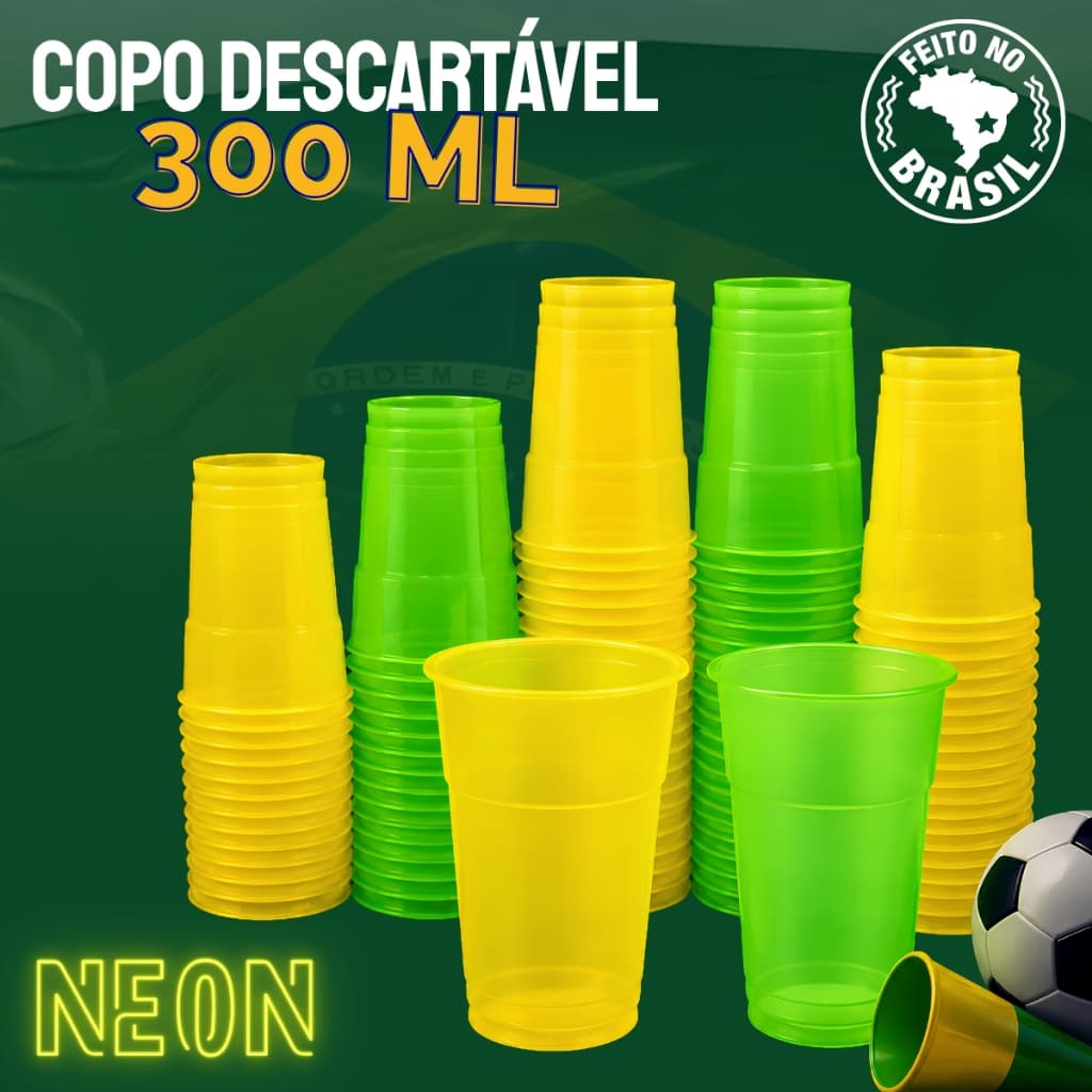 Copo Descartável 300ml Brasil Verde Amarelo Neon Copa do Mundo Jogo Futebol
