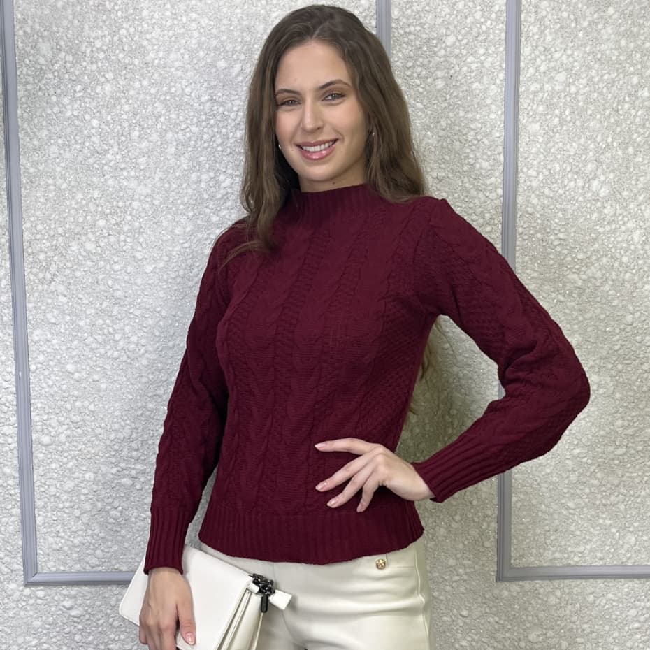 Blusa de Frio Feminina Tricô Trançado Suéter Gola Alta Lã Inverno