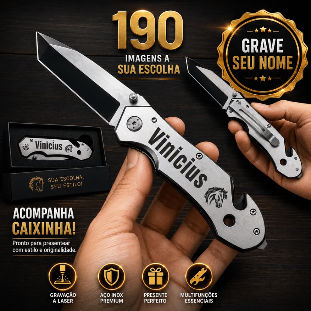 Canivete Tático Pesado Inox com Seu Nome Gravado
