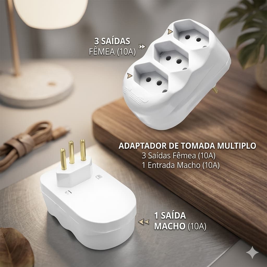 Benjamim Adaptador de Tomada FLP Reto Tripolar 3 Saídas Tomada Tripla 10A 2P+T Bivolt Reforcado