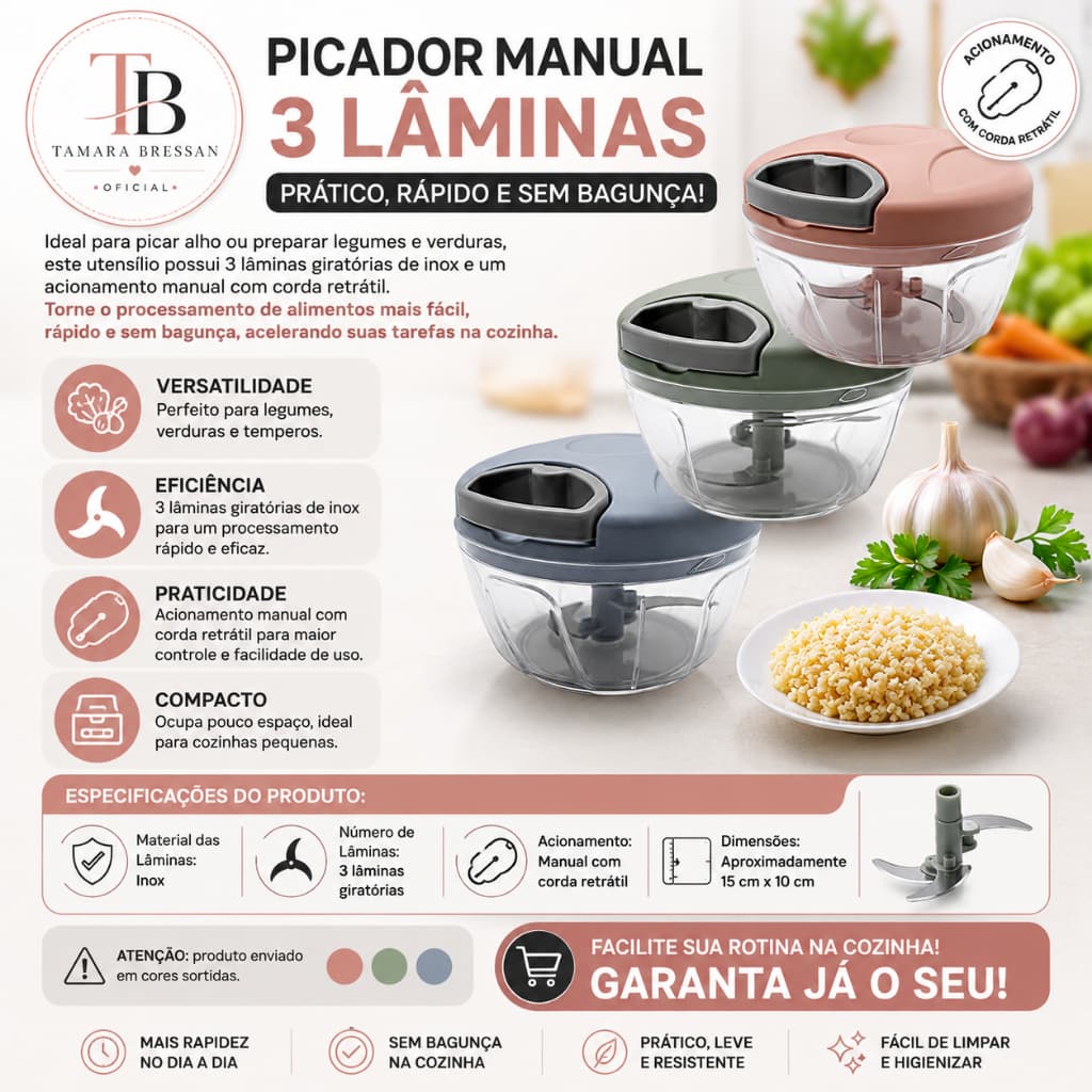 🥗 Mini Processador Manual 3 Lâminas com Corda Retrátil – Mais Praticidade na Sua Cozinha! 🔪