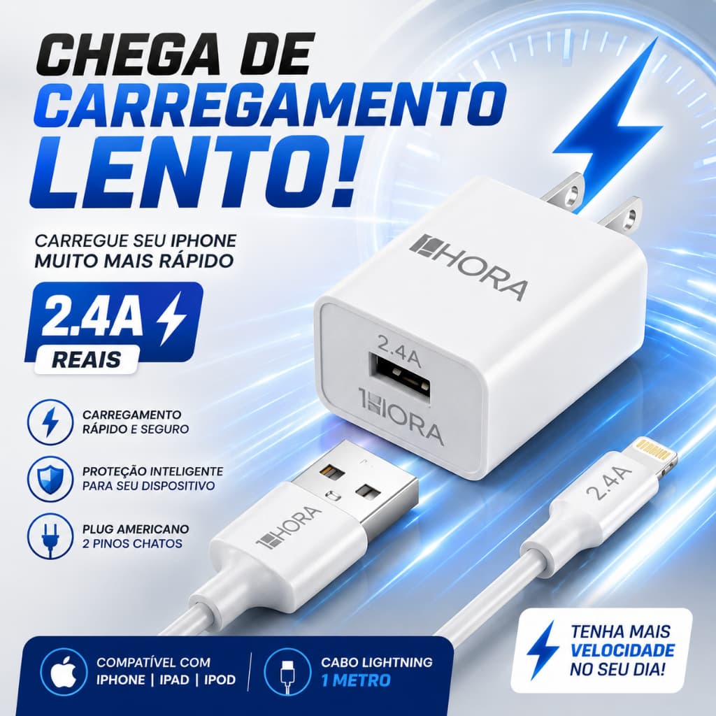 Kit Carregador Rápido iPhone 2.4A 12W Cabo Lightning USB Apple Fonte Turbo 1 Metro
